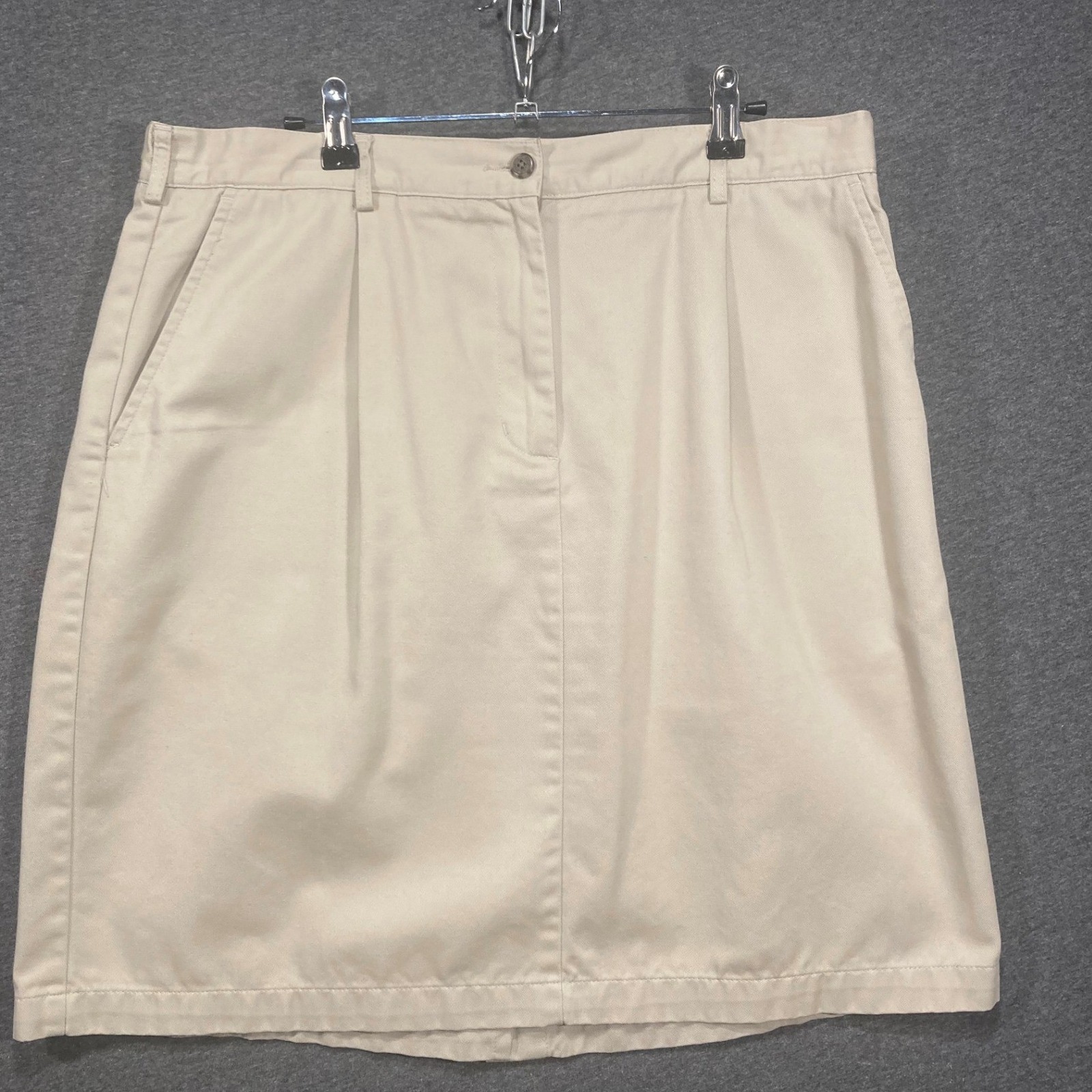Ll Bean Womens 16 Petite Khaki Chino Skirt Elastic Back Tan Cotton Blend Kp52